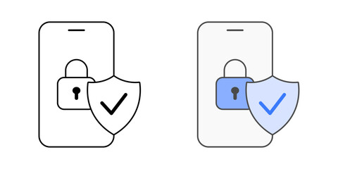 Multi-factor authentication (MFA) icon with a shield, phone, padlock, and check mark, in outline and color styles, perfect for representing secure cloud login and identity verification.
