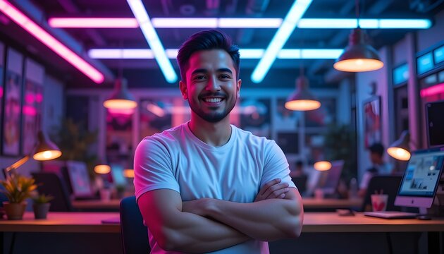 Successful young man smiling confidently in a vibrant modern office workspace with neon lights