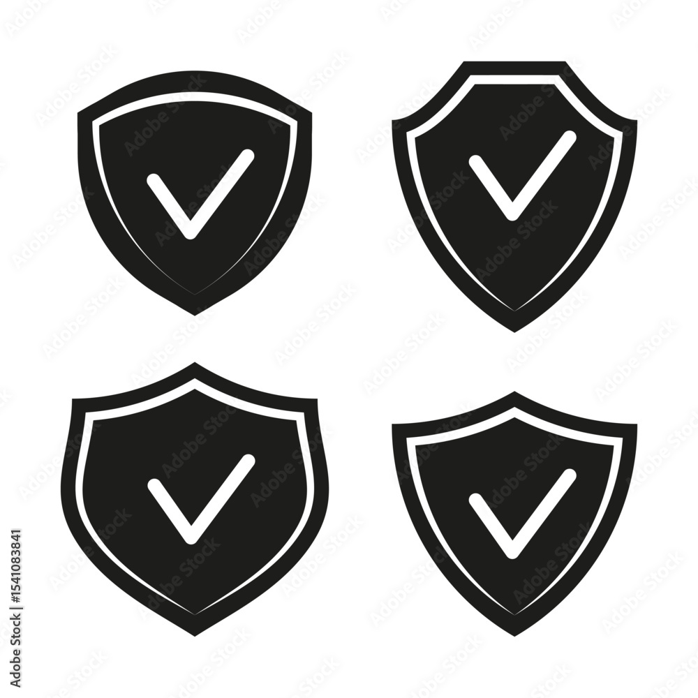 Poster check shield icon. vector approval symbol. black defense shape. confirmation security form.