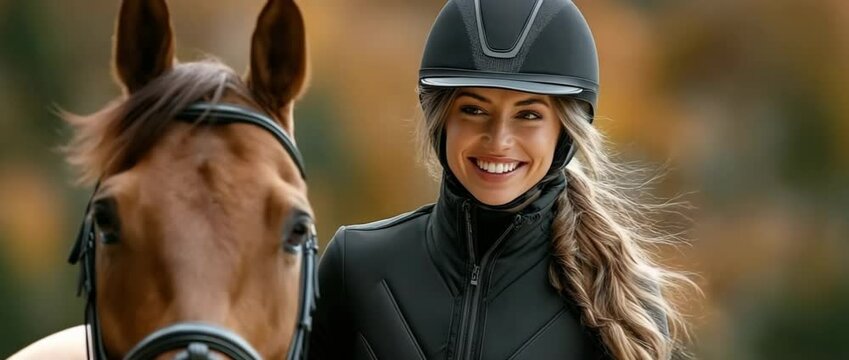 A female equestrian with reins and a helmet is riding a brown horse in a sunny paddock.