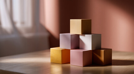 A pyramid of pastel colored cubes stacked on a reflective surface with a soft light backdrop