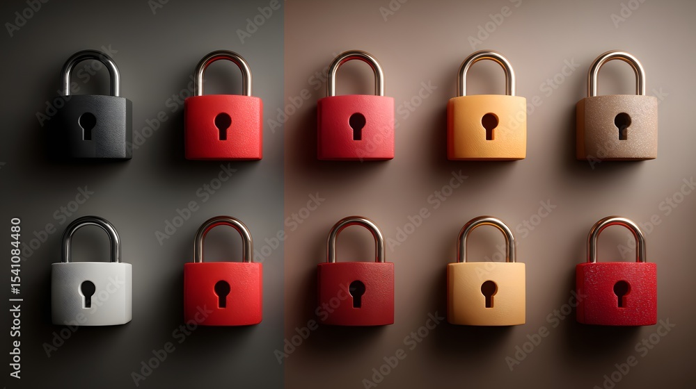 Poster a collection of various metal locks in different colors including red gold and black arranged on a d