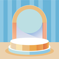 A minimalist stage mockup with soft pale blue, crisp white, and warm tan backdrop