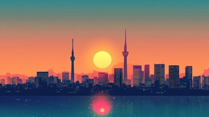 Fototapeta premium Abstract cityscape silhouette at sunset reflected over serene water surface