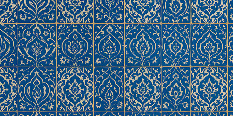Vintage Blue and White Tile Pattern – Seamless Ornamental Islamic-Inspired Motif for Mediterranean Decor, Cultural Wall Art, Traditional Textile Design, and Elegant Backgrounds