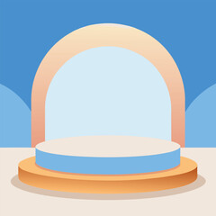 A minimalist stage mockup with soft pale blue, crisp white, and warm tan backdrop