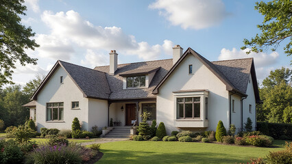 A white cottage in a forest clearing. With a gray roof. A sky with clouds. AI generation.