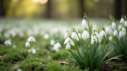 Forest snowdrops on a blurred forest background. Primroses, spring flowers. Galanthus nivalis. AI generation.