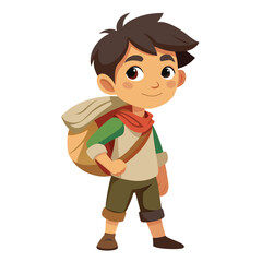 Cartoon boy with bag and scarf standing on a white ground
