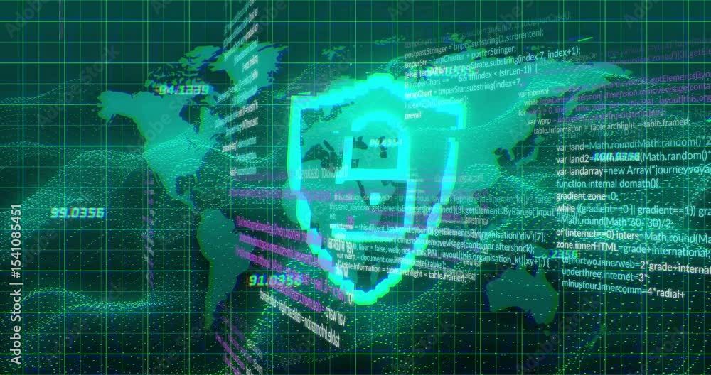 Aufkleber neon green 3d map opening with streaming turquoise magenta code, pulsing shield securing network