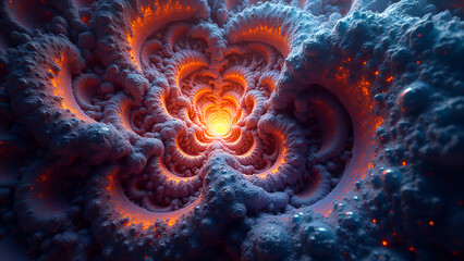 Fractal patterns, iridescent with blue colors. Endless spirals, a futuristic, energetic composition stretching into a fiery center