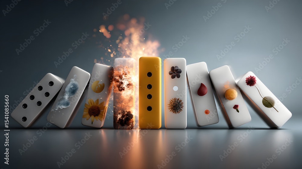 Aufkleber a dramatic chain reaction of dominoes exploding and causing a destructive collapse symbolizing the u