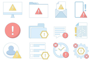 A collection of warning icons. Found an error, Beware, be careful, danger, error, error diagnosed. warning on the computer. etc.