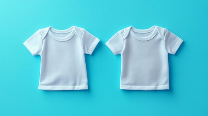 Fototapeta premium Two identical, plain white baby t-shirts against a vibrant blue background. Short sleeves, crew neck. Simple, ready for personalization