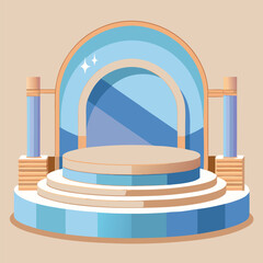 A minimalist stage mockup with soft pale blue, crisp white, and warm tan backdrop