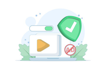 Concept of protection from harmful videos. Ad blocking, pop-up ad blocker. ad filtering tool. protective symbols and videos. anti-pop-up. safe viewing. flat design in the background.