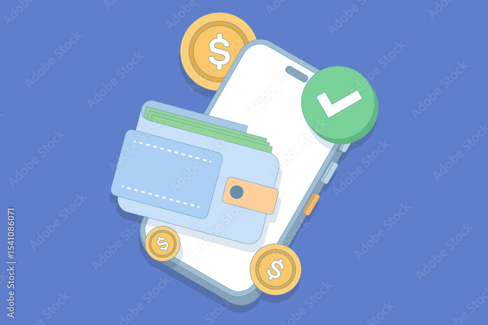 Poster digital wallet and mobile transaction concept. wallet containing cash stored on a smartphone. custom