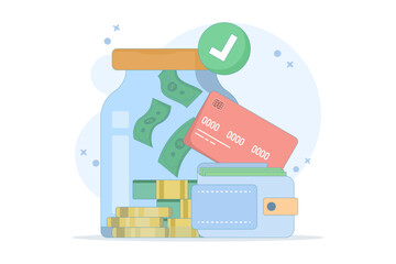 concept of saving safely, achieving financial freedom goals. managing finances for future wealth. making a budget. accumulating more wealth. flat vector illustration with background.
