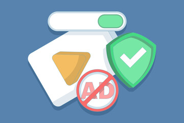 Concept of protection from harmful videos. Ad blocking, pop-up ad blocker. ad filtering tool. protective symbols and videos. anti-pop-up. safe viewing. flat design in the background.
