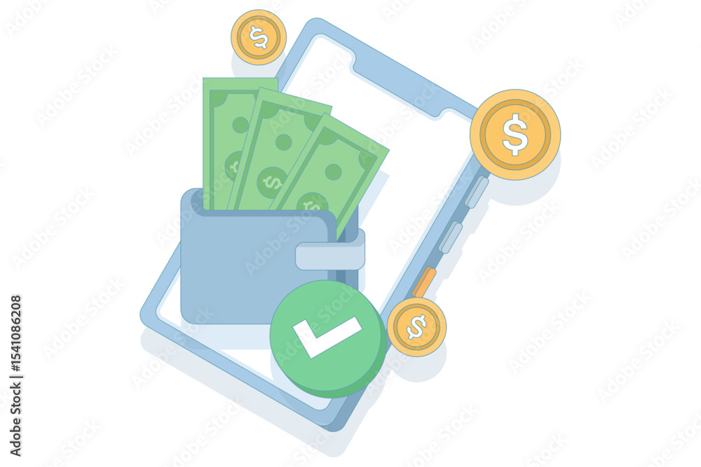 Poster digital wallet and mobile transaction concept. wallet containing cash stored on a smartphone. custom
