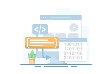 Compiler programming concept, binary numbers. software development, machine language laptop code. programming, coding in computer. data filtering. flat vector illustration.