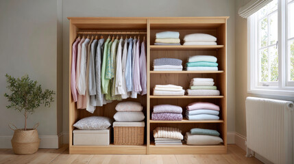 Large wooden wardrobe with hanging clothes and neatly folded towels in bright room with window and potted plant, creating calm atmosphere