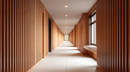 Narrow hallway with vertical wood slats and diffused natural light creates warm and inviting modern interior space with clean lines and symmetry