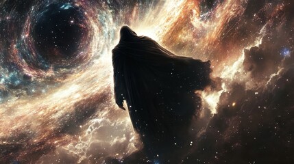 Solitary Figure Contemplates the Cosmic Vastness of the Universe, a Journey into the Depths of Space and Time