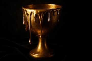 Golden Dripping Goblet, Luxurious Melting Chalice, Abstract Gold Liquid, Dark Background Elegance