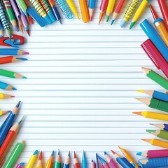 Fototapeta premium Colorful Pencils and Markers on Notebook Paper