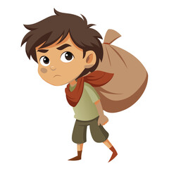 Cartoon boy carrying a heavy sack on his back illustration