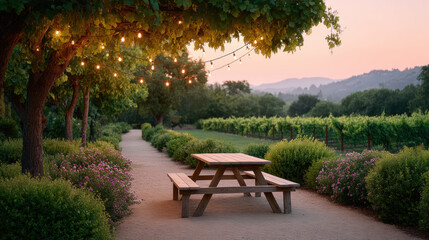 Picnic table under tree with hanging vintage bulbs along pathway surrounded by green bushes and vineyard at sunset with soft warm light