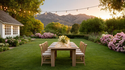 Outdoor garden dining table with chairs set for peaceful evening surrounded by blooming flowers and mountain views under string lights
