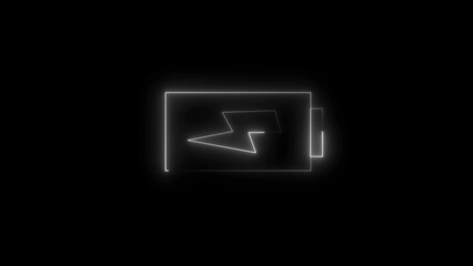 Glowing neon battery charging symbol on black background illustrating energy power and technological innovation