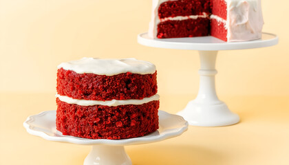 Red velvet cake on a white stand, on a beige background. 