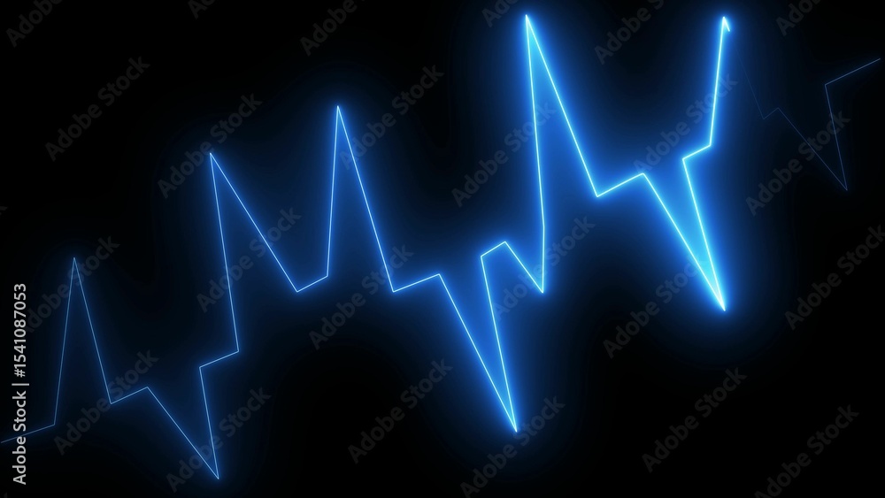 Poster dynamic blue neon line graph against a dark background showcasing fluctuating trends and financial d