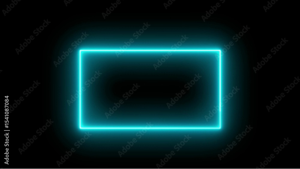 Poster vibrant neon rectangle frame illuminated in glowing cyan light against deep black background creatin