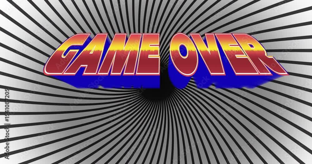 Aufkleber initially showing blue base, 3d game over title shifting into warm gradient pulsing tunnel ending