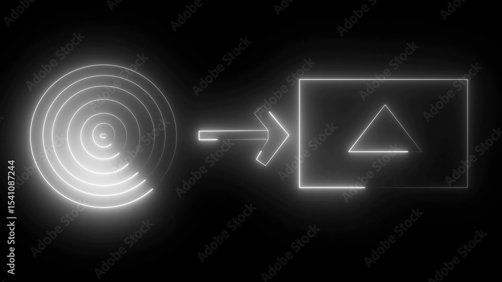Poster abstract geometric composition with illuminated neon outlines featuring concentric circles arrow and