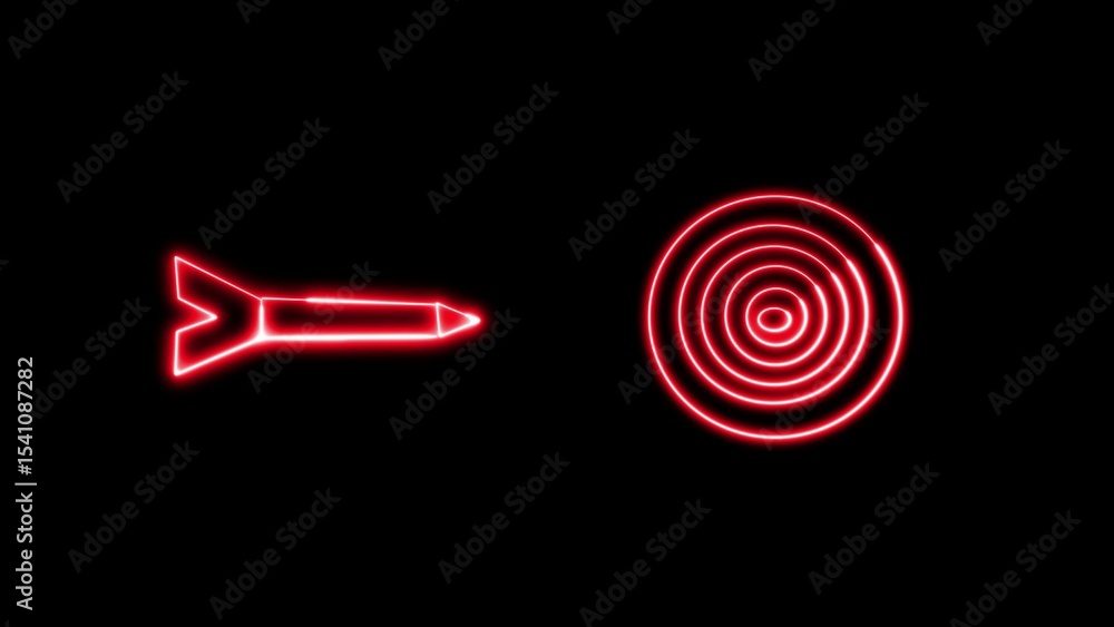 Poster neon illustration of a dart aiming at a target on a black background representing accuracy and preci