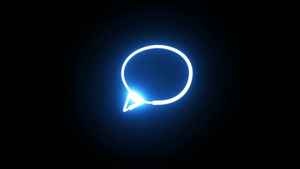 Glowing neon speech bubble icon in blue and white on a dark background concept for communication digital messaging and social media interaction