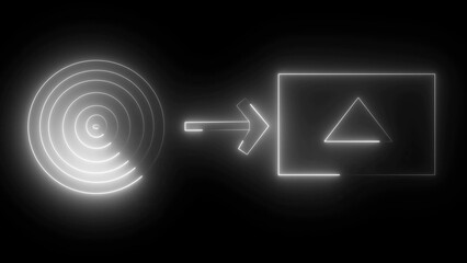 Abstract geometric composition with illuminated neon outlines featuring concentric circles arrow and triangle shapes on black backdrop