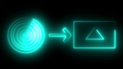 Futuristic abstract illustration of geometric shapes connected by an arrow representing data flow and transformation on a black background