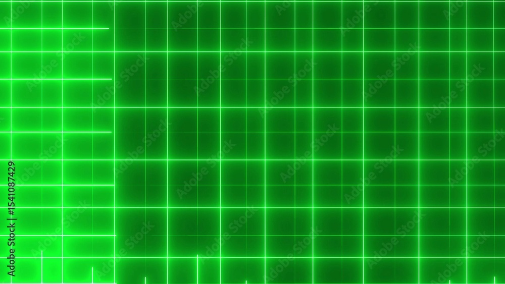 Poster abstract green glowing grid background graphic design with bright illuminated lines and squares offe