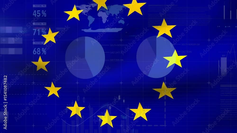 Poster at start eu stars swaying, rings fading, charts emerging and maps appearing representing eu data