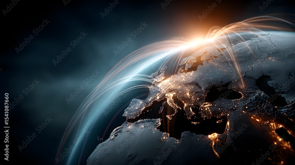Poster illuminated 3d rendering of planet earth with a complex network of digital connections and energy fl