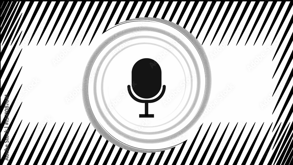 Poster black and white microphone illustration with abstract radial design and striped pattern perfect for 