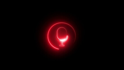 Neon microphone icon glowing red on black background concept for audio recording podcast voice chat