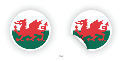 Wales flag sticker in a circular shape and a peeled circle shape on a white background. Circular icon of the Wales flag	