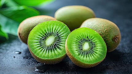 Close-up of fresh kiwi fruit with whole and halved slices on a dark background for photography. 